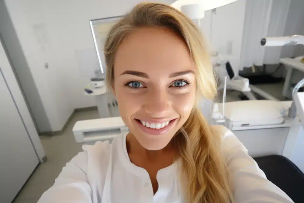 patient smiling in our dental office after getting new dental crowns in Mansfield, TX.